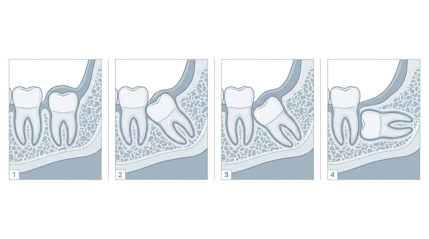 Quattro tipi di inclusione dei denti del giudizio: verticale, mesioangolare, distoangolare e orizzontale