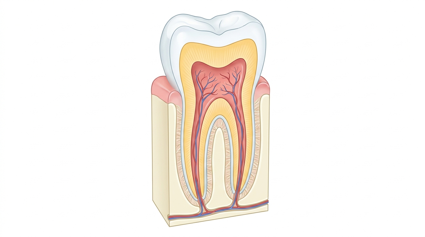 Sezione anatomica del dente: smalto, dentina, camera pulpare, canali radicolari e forame apicale