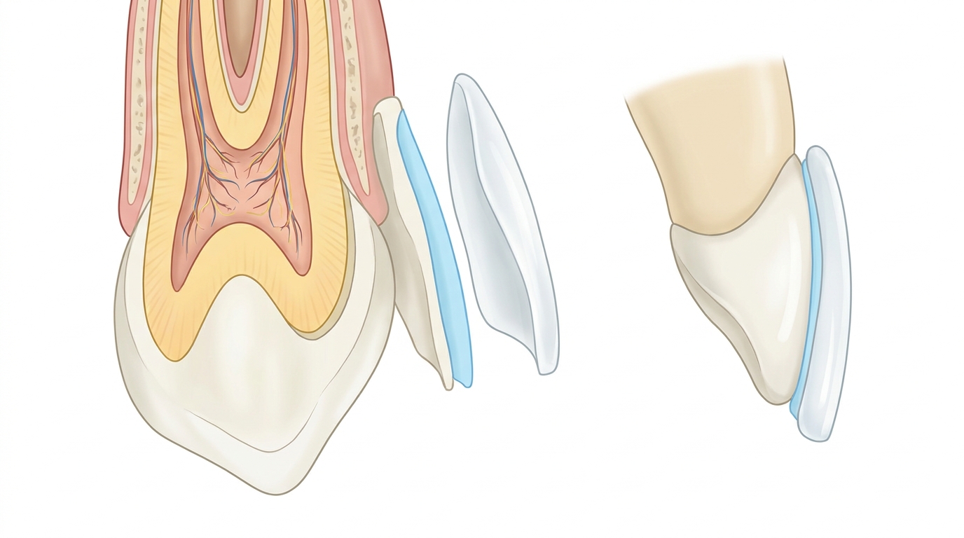 Sezione trasversale di un dente con faccetta in ceramica: preparazione dello smalto e incollaggio