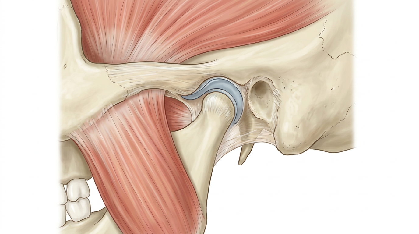 Anatomia dell'articolazione temporo-mandibolare: condilo, disco articolare, fossa temporale e muscoli masticatori
