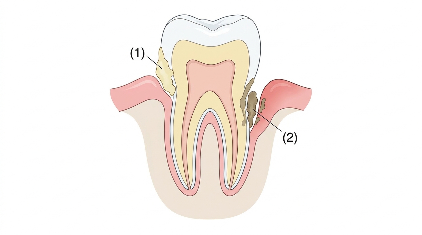 Diagramma anatomico delle zone di accumulo di placca e tartaro sopra e sotto il margine gengivale