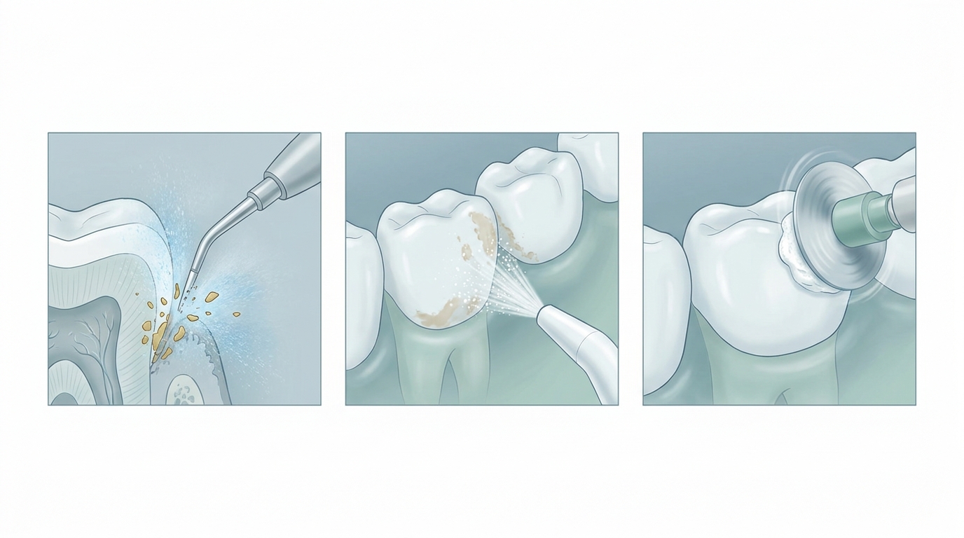 Le tre fasi della seduta di igiene dentale: ablazione tartaro, airflow e lucidatura professionale