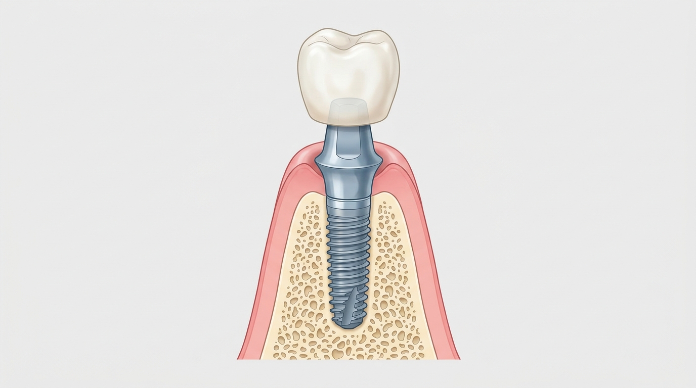 Diagramma anatomico di un impianto dentale: fixture in titanio, abutment e corona in ceramica nell'osso mascellare