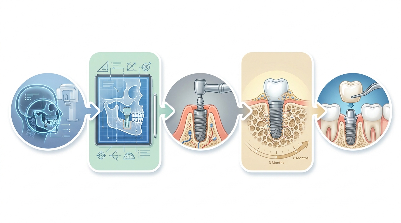 Le 5 fasi del percorso implantologico: diagnosi, piano di trattamento, inserimento, osteointegrazione, corona definitiva