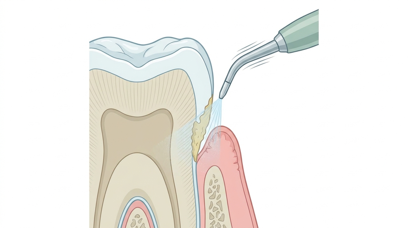 Illustrazione della detartrasi con scaler ultrasonico al margine gengivale di un molare