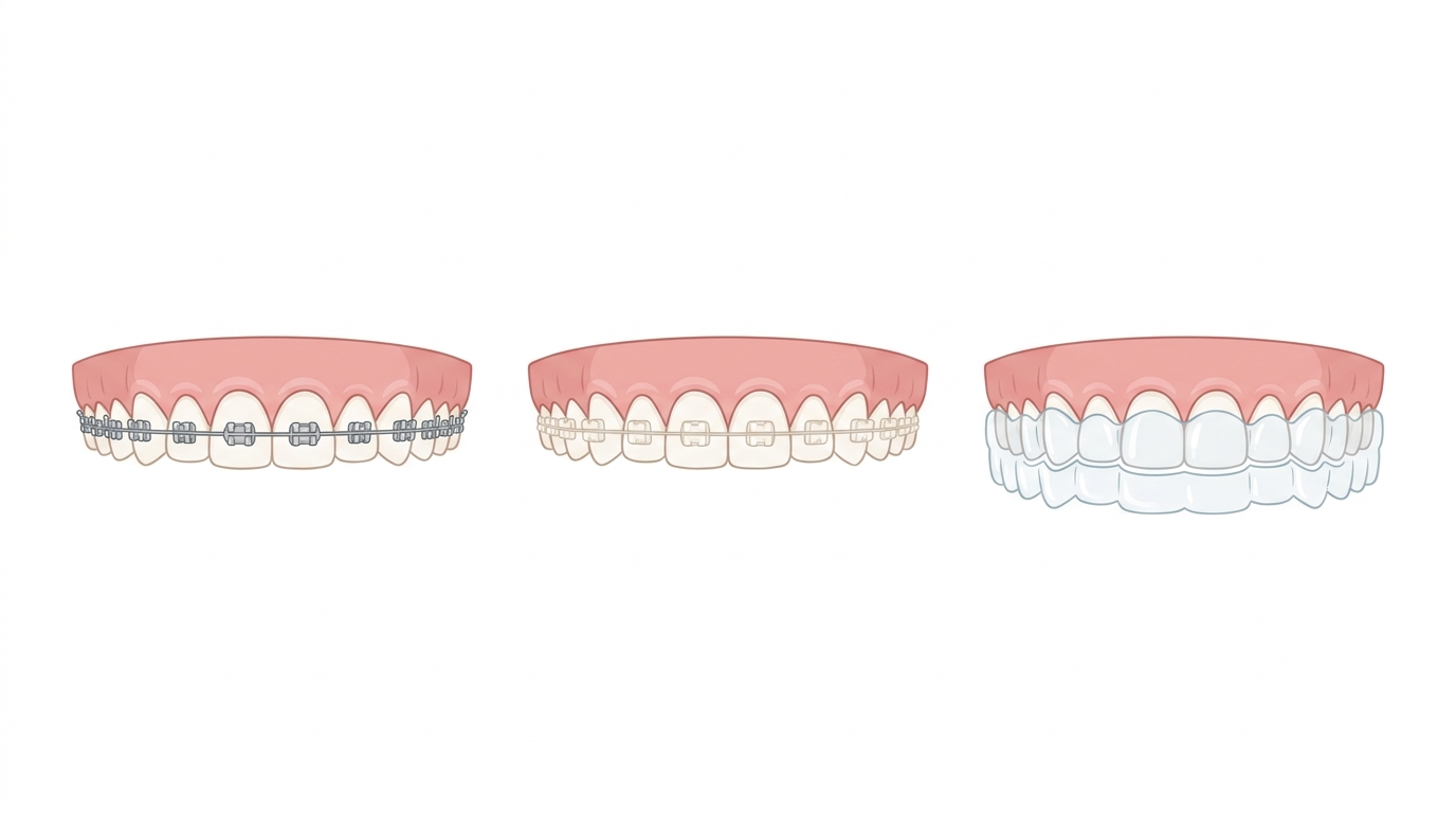 Tre tipi di apparecchi ortodontici: brackets metallici, brackets estetici in ceramica e allineatore trasparente