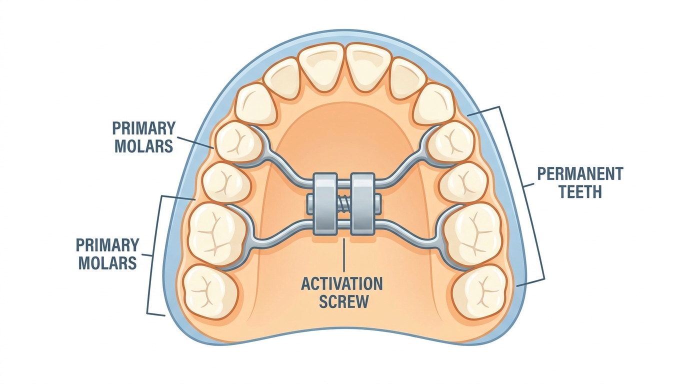 Diagramma della dentizione mista nel bambino con espansore palatale e mantenitore di spazio
