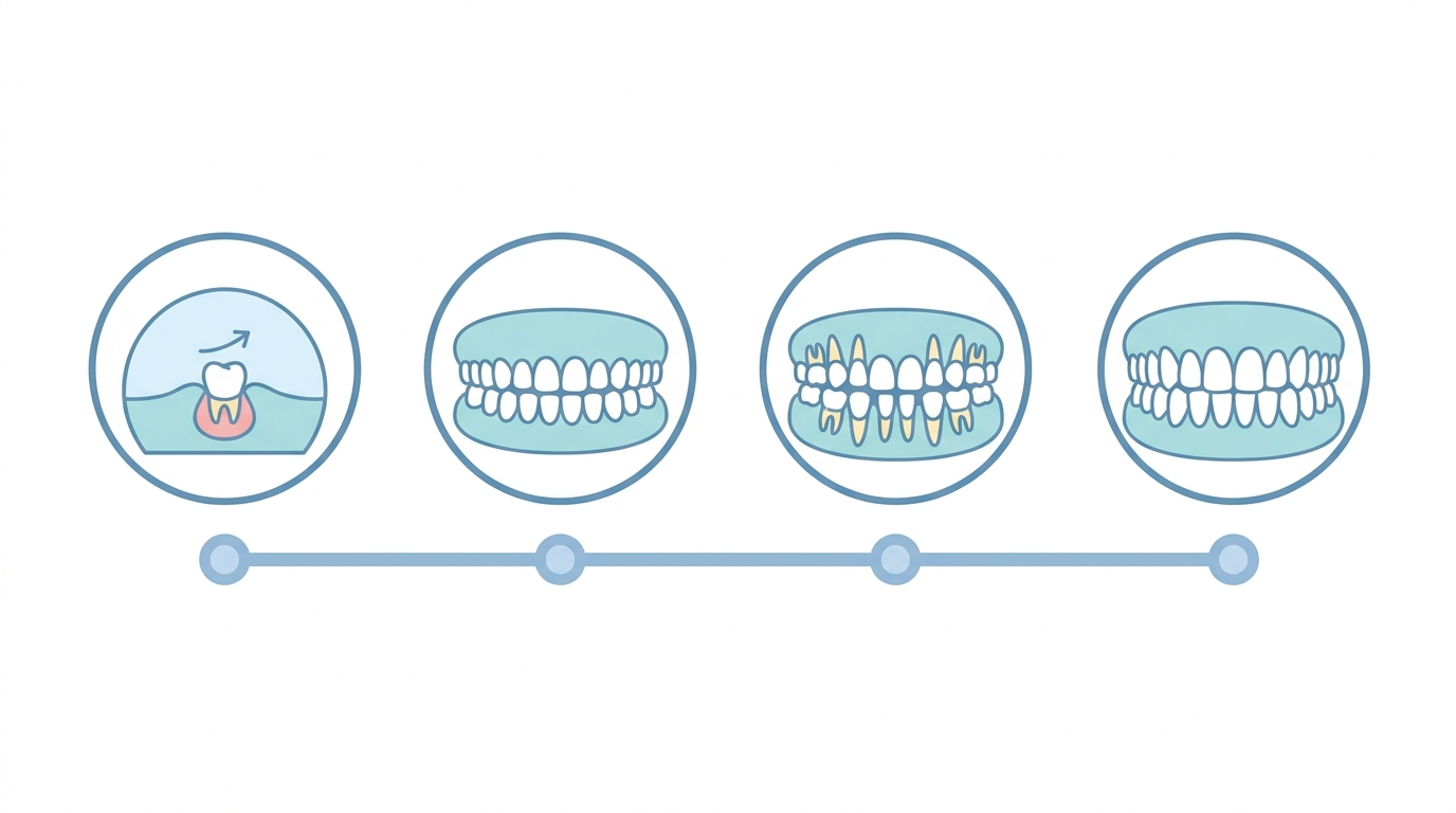 Infografica delle fasi di sviluppo della dentizione: da 0 a 12+ anni con indicazioni per ogni fascia d'età