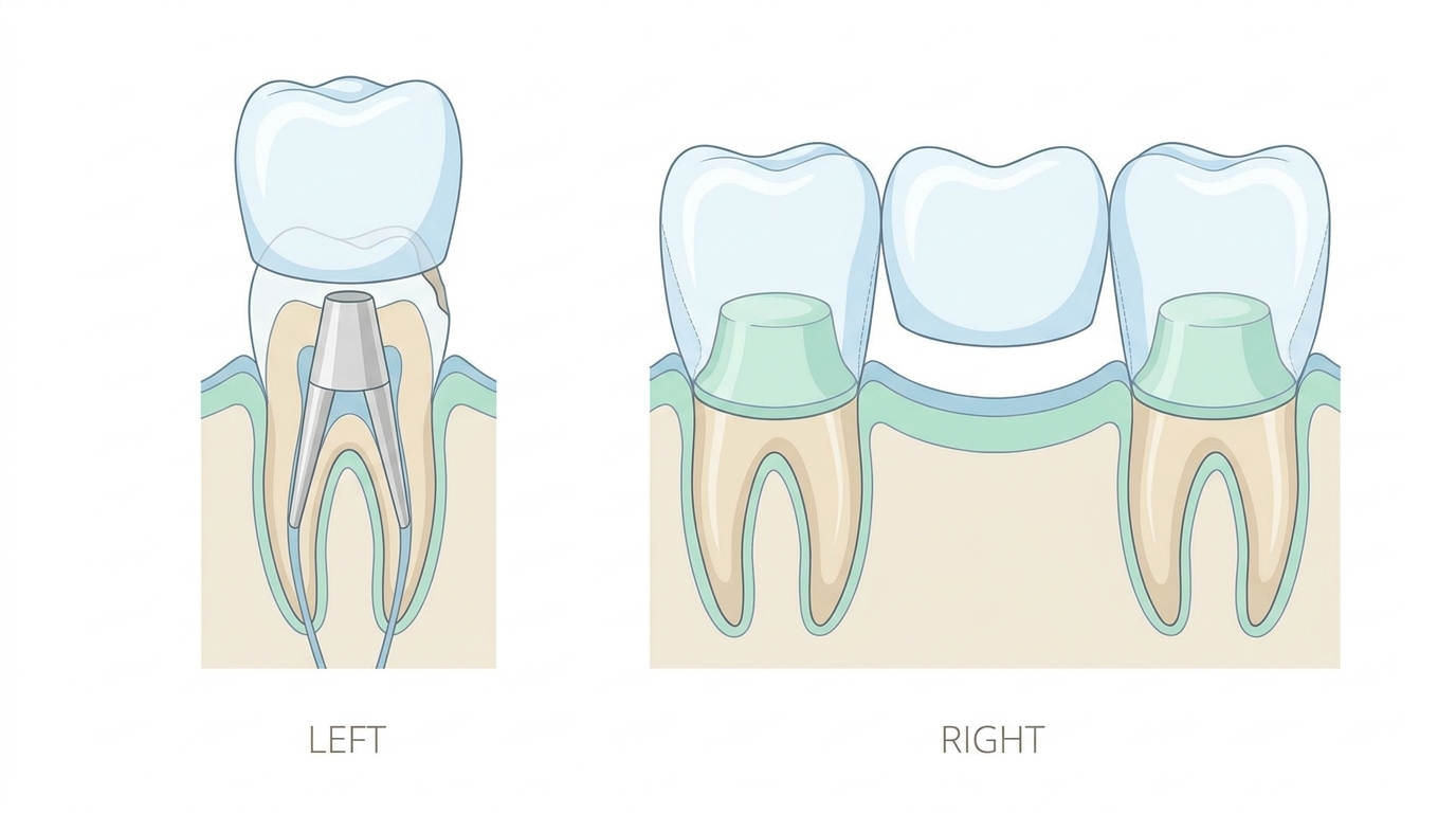 Diagramma di corona singola con perno e ponte dentale a tre elementi su denti pilastro