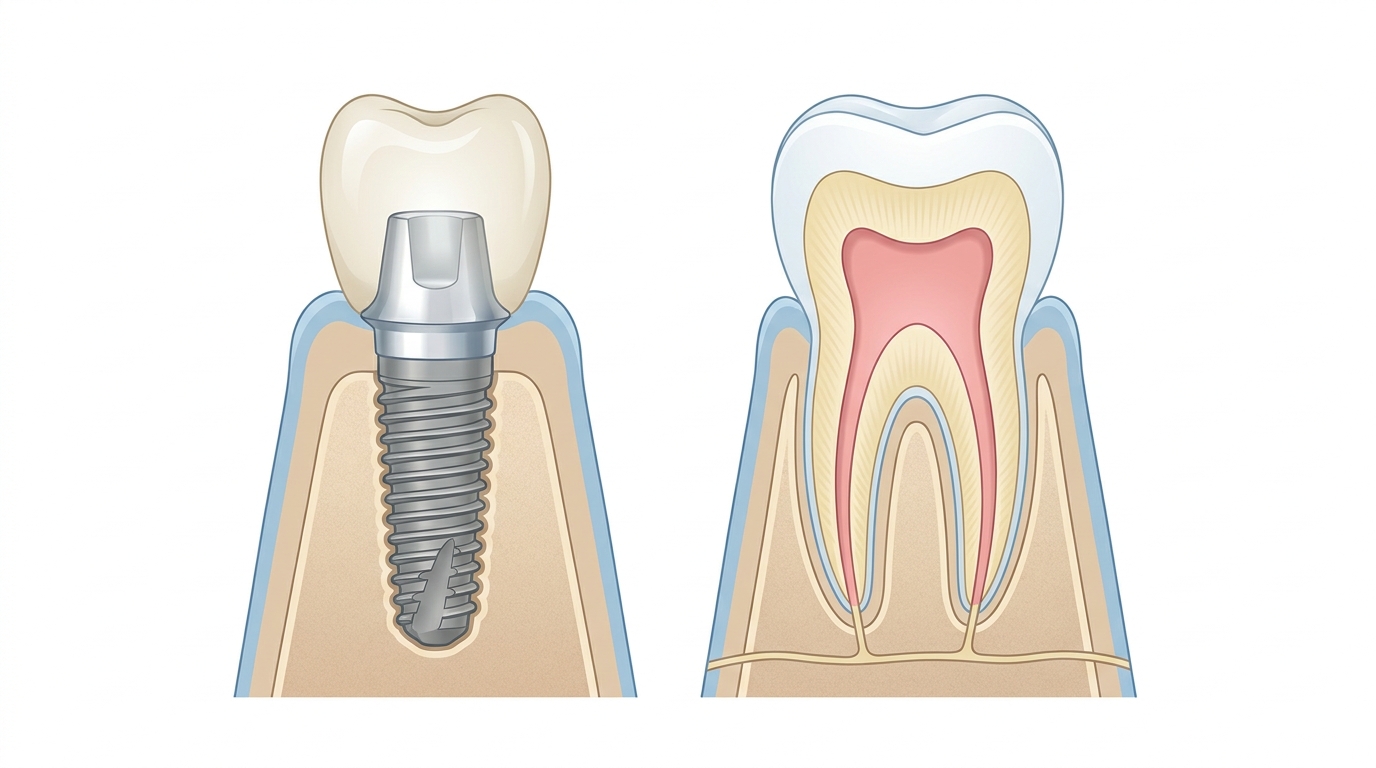 Confronto tra protesi su impianto dentale e dente naturale: fixture, abutment e corona in zirconia