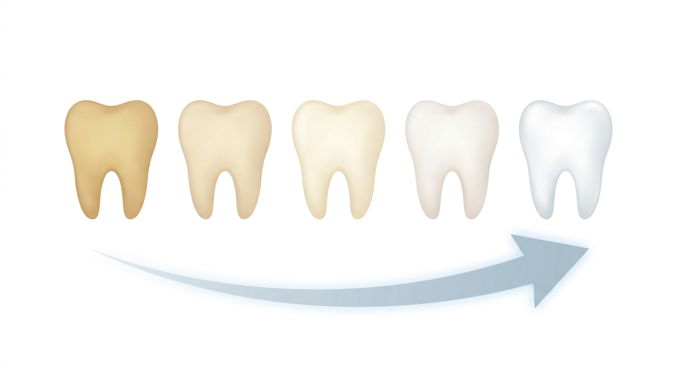 Progressione del colore dei denti prima e dopo lo sbiancamento: da 4 a 8 tonalità più chiare