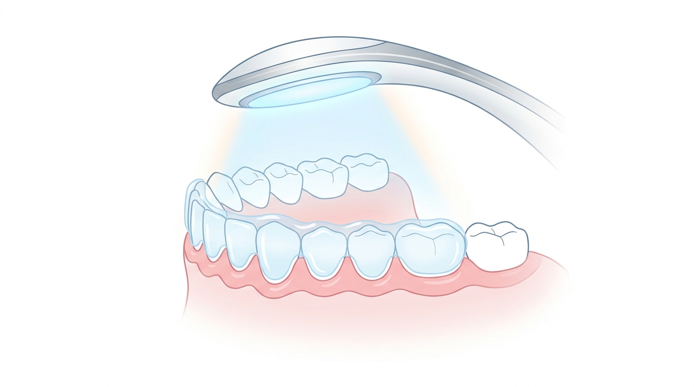 Schema del trattamento di sbiancamento professionale: gel sbiancante, lampada LED e barriera gengivale